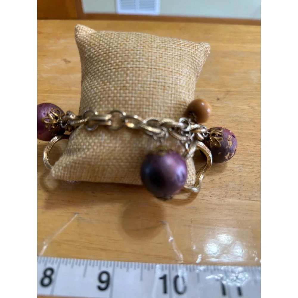 Chunky Silver Tone Charm Bracelet Purple Filigree Beads Wood Geometric Circles